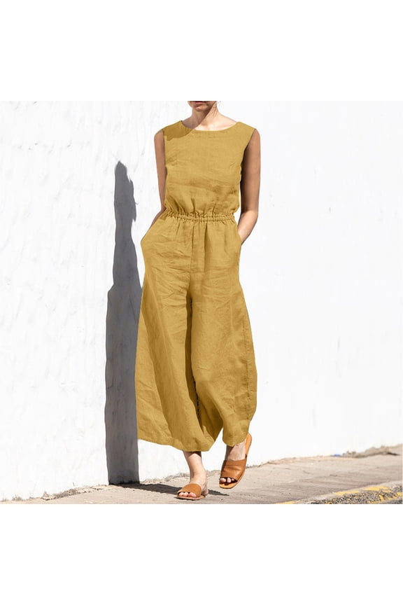 Jumpsuits for Women Elegant Sleeveless Linen Jumpsuits Casual Wide Leg Jumpsuit Pants Romper