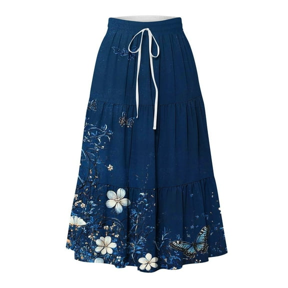 Weiqiqre Womens Skirt High Waisted Skirt Chiffon Boho Printed Vintage Pockets Swing A-Line Long Skirts