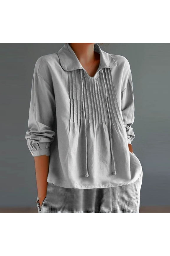 Womens Spring And Summer Lapel Collar V-Neck Shirt Cotton Lined Long Sleeve Blouse Solid Loose Casual Tops