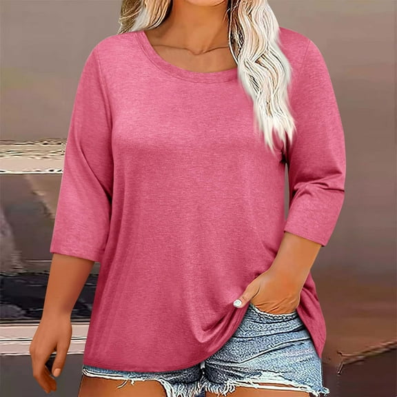Weiqiqre Womens Spring Tops Plus Size Tops 3/4 Length Sleeve Blouses Crew Neck Shirts Casual Loose Tunic Tops