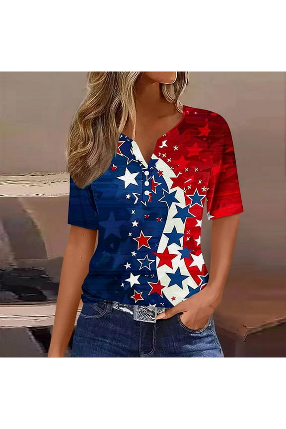 Womens Spring Tops Plus Size USA Flag V-Neck T-Shirt Women Distressed American Flag Graphic Tees Short Sleeve 4th of July Patriotic Tops
