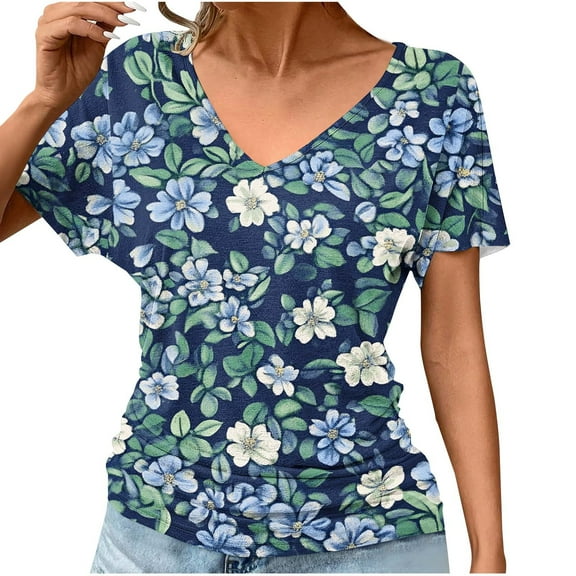 Weiqiqre Womens Spring Tops Short Sleeve Shirts V Neck Blouse Ruched Business Casual Basic Tunic Tops