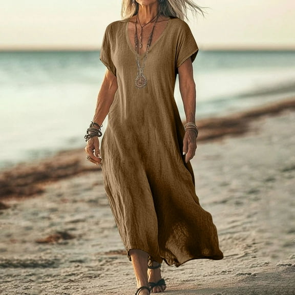 Weiqiqre Womens Summer Dresses V-Neck Casual Loose Short Sleeve Long T-Shirt Dress Split Maxi Dress with Side Pocket