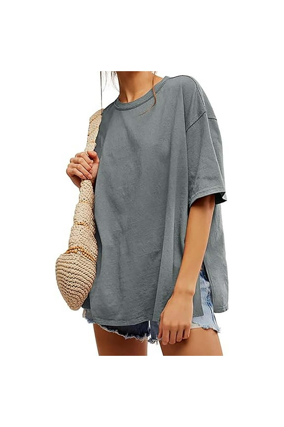 Weiqiqre Womens Summer Tops Oversized Tshirts Summer Casual Short Sleeve Crew Neck T Shirt Loose Fit Side Slit Tee Tops