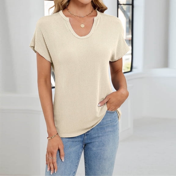 Weiqiqre Womens Summer Tops Oversized V Neck Tshirts Summer Ribbed Knit Short Sleeve Tunic Tops Casual Loose Fit Tee Shirts