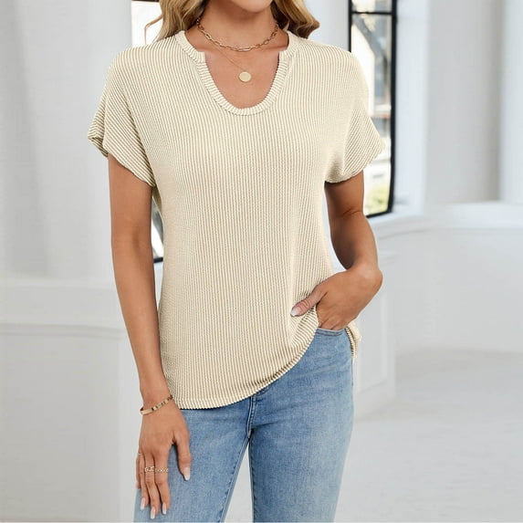 Weiqiqre Womens Summer Tops Oversized V Neck Tshirts Summer Ribbed Knit Short Sleeve Tunic Tops Casual Loose Fit Tee Shirts