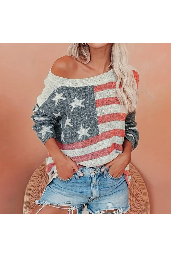 Womens Sweater American Flag Sweater USA Star Striped Knit Sweater Crew Neck Pullover Long Sleeve Top