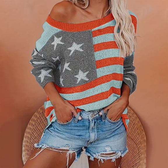 Weiqiqre Womens Sweater American Flag Sweater USA Star Striped Knit Sweater Crew Neck Pullover Long Sleeve Top