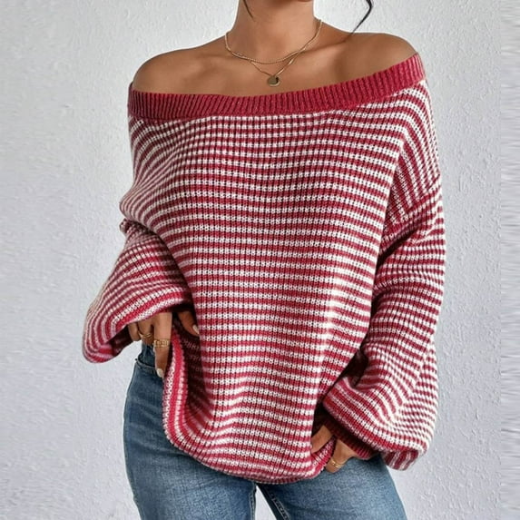 Weiqiqre Womens Sweater Long Sleev Casual Loose Striped Off Shoulder Casual Oversized Knitted Sweater Pullovers