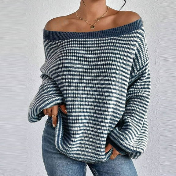 Weiqiqre Womens Sweater Long Sleev Casual Loose Striped Off Shoulder Casual Oversized Knitted Sweater Pullovers