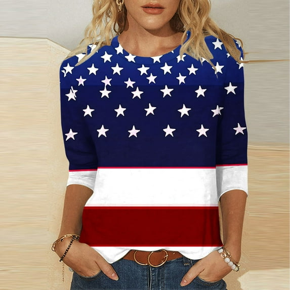 Fewfanhot Womens T Shirts 4Th of July Shirts for Women 3/4 Sleeve Plus Size T Shirt Round Neck Soft Cotton Tops