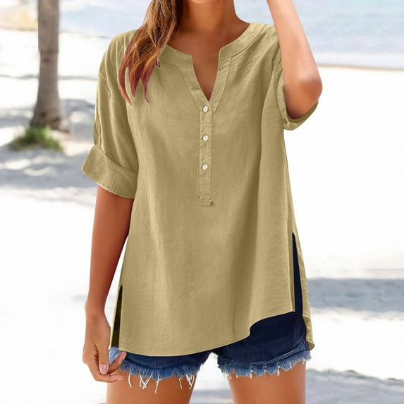 Weiqiqre Womens T Shirts Plus Size V Neck T Shirts Summer Half Sleeve Tees Casual Loose Fit Cotton Tunic Tops