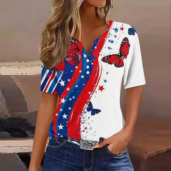 Fewfanhot Womens T Shirts Trendy Button V Neck Shirts Casual Short Sleeve Loose Fit Comfy Tunic Summer Vacation Tees