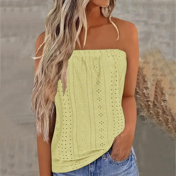 Weiqiqre Womens Tops Bandeau Tank Women Strapless Eyelet Embroidery Tube Tops Women Sleeveless Backless Tube Top