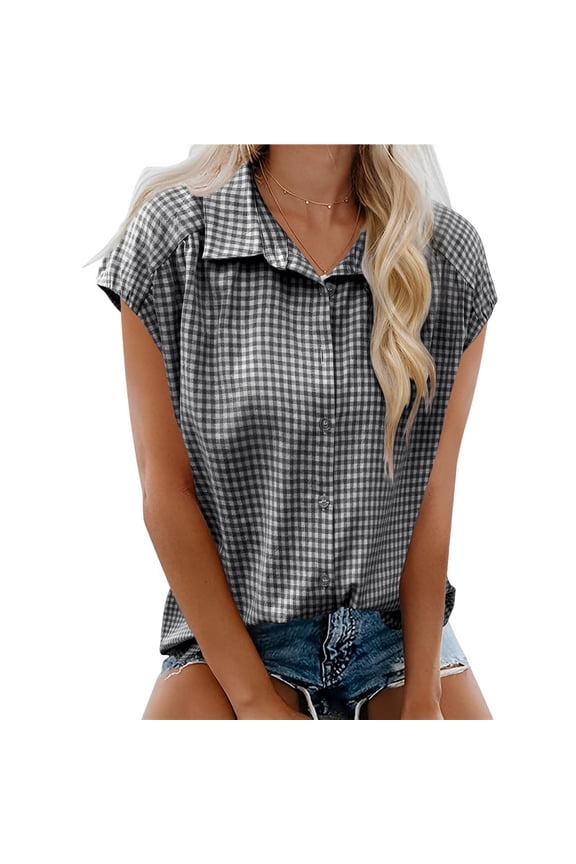 Womens Tops Button Down Shirts Short Cap Sleeve Summer Cotton V Neck Collared Stripes Blouses Casual Plaid Tops