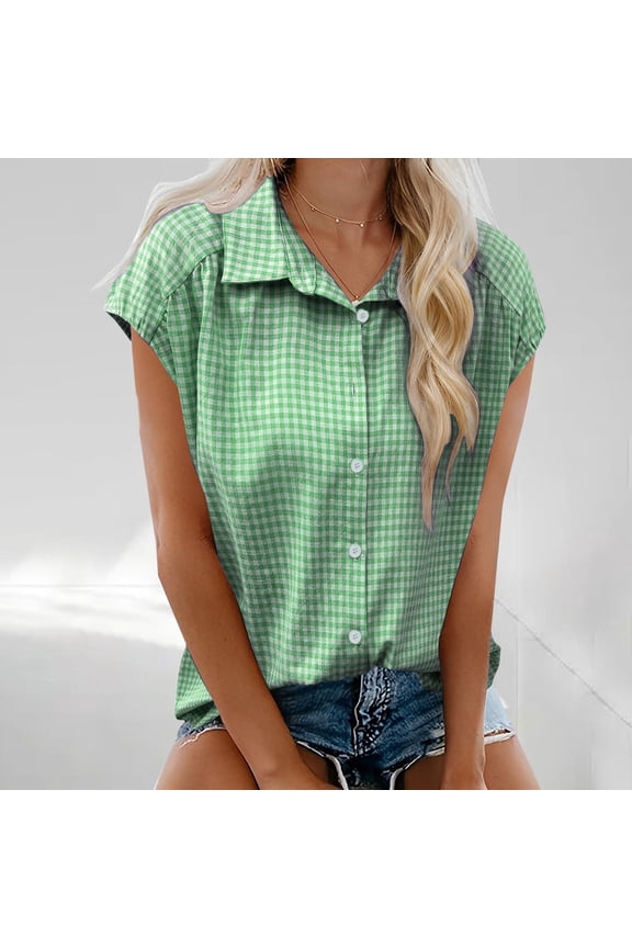 Womens Tops Button Down Shirts Short Cap Sleeve Summer Cotton V Neck Collared Stripes Blouses Casual Plaid Tops