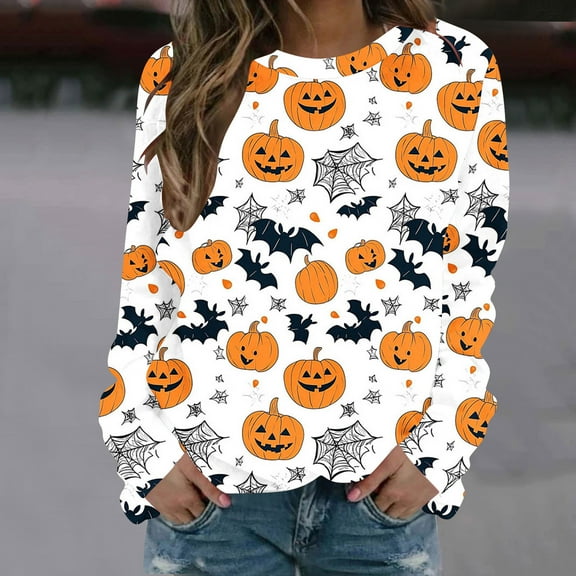Weiqiqre Womens Tops Crew Neck Tops Long Sleeve Fashion Halloween Festival Pumpkin Face Print Fall Shirts