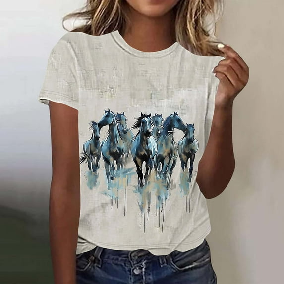 Weiqiqre Womens Tops Funny 3D Graphic Short Sleeve Round Neck Pullover Horse Casual Printed Top T-shirt