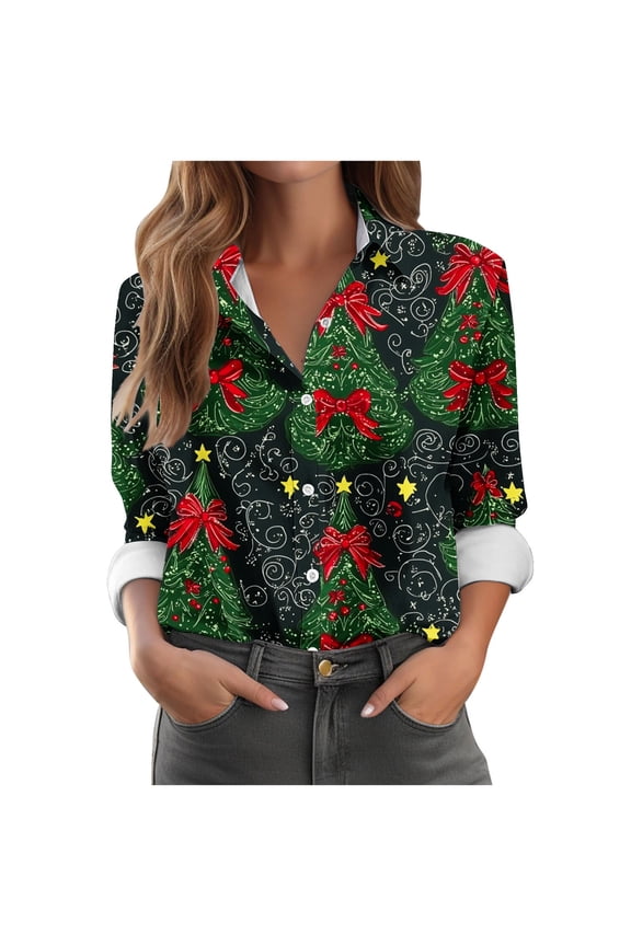 Weiqiqre Womens Tops Long Sleeve Christmas Shirts Santa Claus Party Button Down Shirts X-Mas Funky Hawaiian Shirt