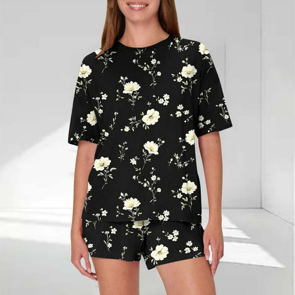Weiqiqre Womens Tops Pajamas Short Sleeve Printed 2 Piece Lounge Sets Summer Tops and Pjs Shorts