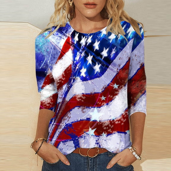 Weiqiqre Womens Tops Patriotic American Flag Printed T-Shirt Summer Novel Round Neck Short Sleeve Shirts