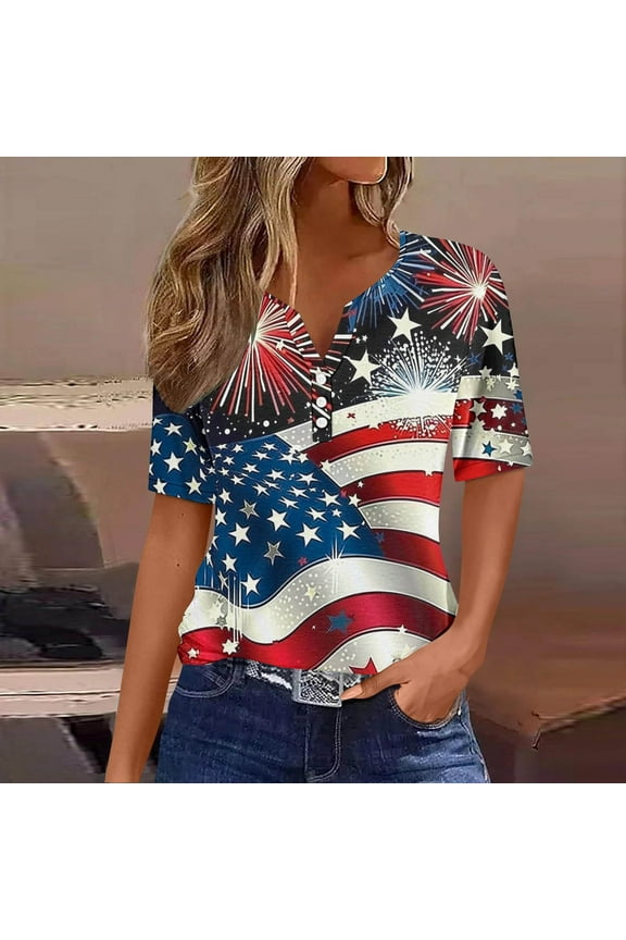 Womens Tops Plus Size USA Flag V-Neck T-Shirt Women Distressed American Flag Graphic Tees Short Sleeve 4th of July Patriotic Tops