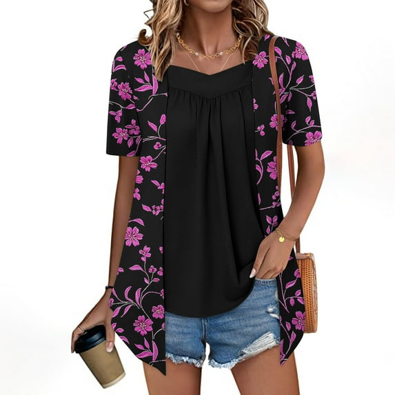 Fewfanhot Womens Tops Tunic Tops For Leggings Short Sleeve Shirts Botton Up Casual Ruched Blouses Clothes