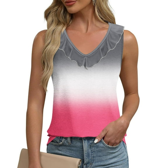 Weiqiqre Womens Tops V Neck Ombre Tank Top Summer Casual Basic Loose Sleeveless T Shirt
