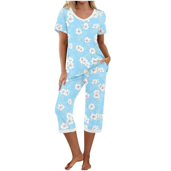 Weiqiqre Womens Two Piece Sets Short Sleeve Shirt and Capri Pants Sleepwear Pjs Sets with Pockets