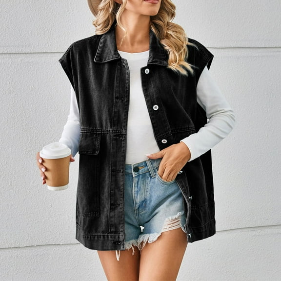 Weiqiqre Womens Vest Top Trendy Oversized Denim Vest Mid Long Jean Vest Sleeveless Jackets Distressed Vest Cotton