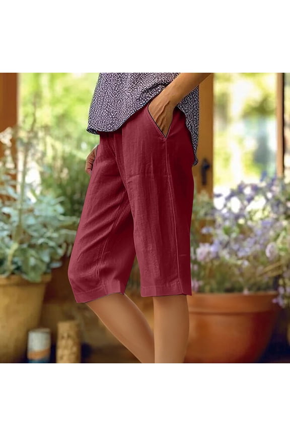 Workout Shorts Women Linen Cropped Pants Tapered Ankle Capris Trousers Elastic Waist
