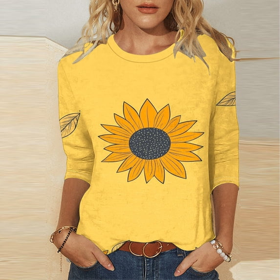 Weiqiqre Workout Tops for Women 3/4 Sleeve T Shirt Sunflower Graphic Tees Flower Print Summer Casual Tops Blouse