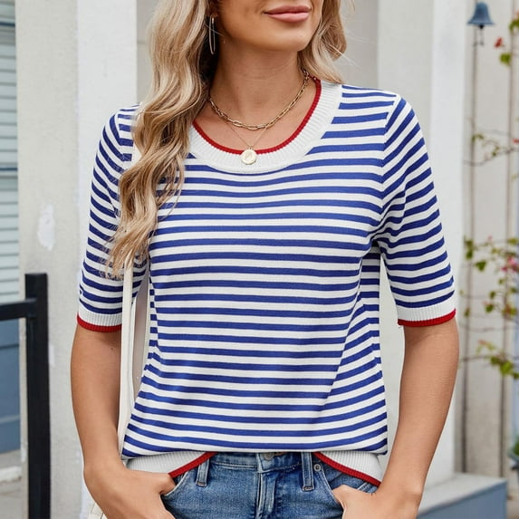 Fewfanhot Workout Tops for Women Summer Tops Casual Short Sleeve Striped Sweater Shirt Crewneck Color Block Knit Blouses
