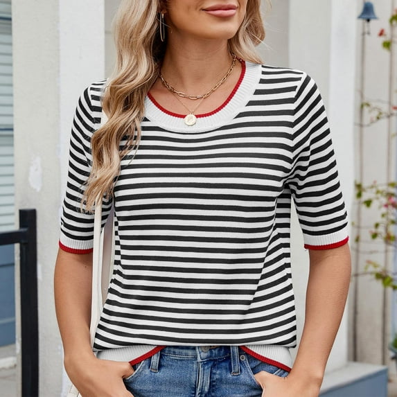 Weiqiqre Workout Tops for Women Summer Tops Casual Short Sleeve Striped Sweater Shirt Crewneck Color Block Knit Blouses