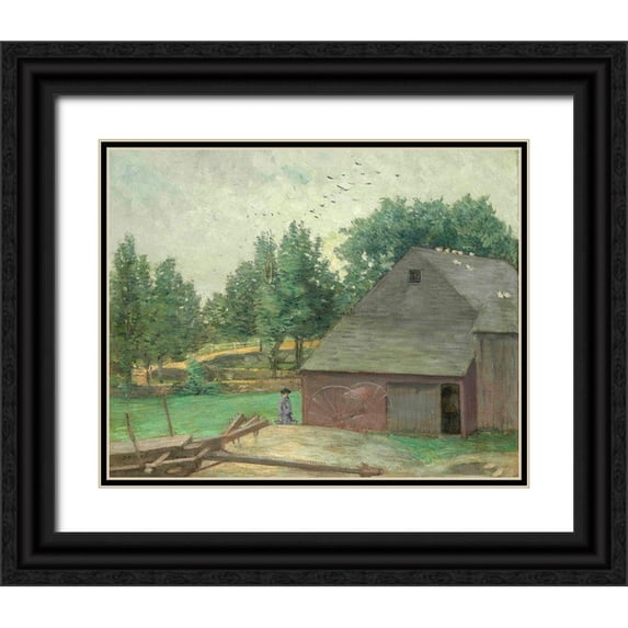 Weir, J Alden 32x26 Black Ornate Wood Framed with Double Matting Museum Art Print Titled - Summer in Connecticut. The Old Barn at Branchville
