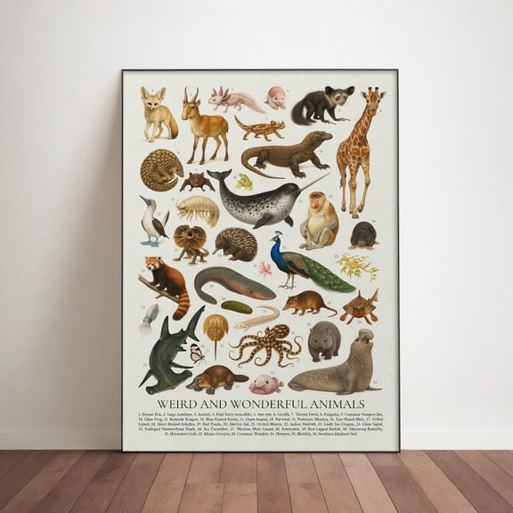 Weird And Wonderful Animals Poster, Wildlife Identification Chart, Unframed Paper Poster 16x20in