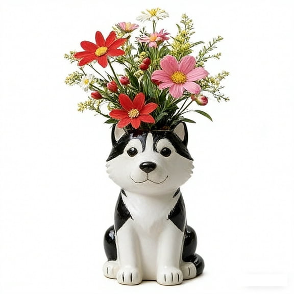 Weird Dog Face Ceramic Vase For Flowers - Quirky Animal Shaped Tabletop Decor For Dog Lovers Home Office Gift