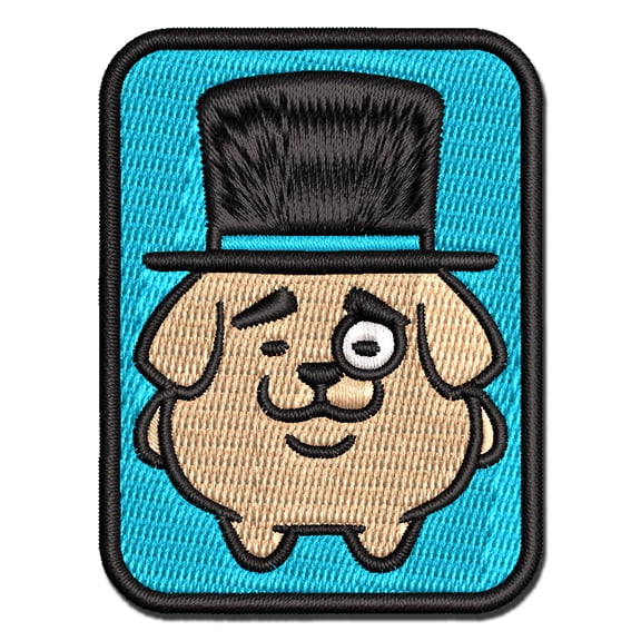Weird Fancy Gentleman Dog Pup Top Hat Monocle Applique Multi-Color Embroidered Iron-On Patch - 2.0 Inch Mini