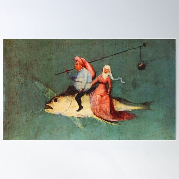 Weird Flying Fish With Riders Design By Hieronymus Bosch Poster Wall Art, Modern Wall Decor For Living Room Bedroom, 12x18 UNFRAMED