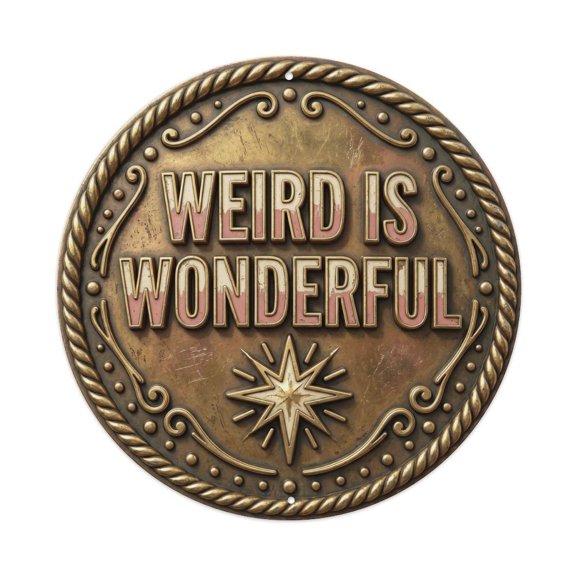 Weird Is Wonderful Vintage Workshop Display Retro Slogans Vintage Metal Tin Sign Plaque Wall Decor for Cafe, Club, Garden Round Metal Poster 8x8Inch