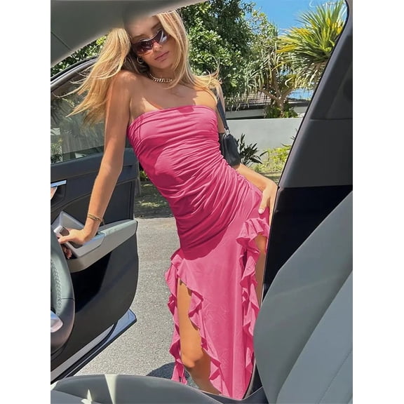 Weird Puss Elegant Strapless Dress Women Irregular Tassel 2025 Summer Trend Skinny Split Maxi Bodycon Birthday Party Clubwear