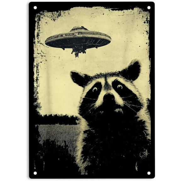 Weird UFO Raccoon Alien Sign Metal Tin Sign, Raccoon Alien Poster for Home Office Garden Bars Pub Man Cave Wall Decor Plaque Sign 12x8 Inch