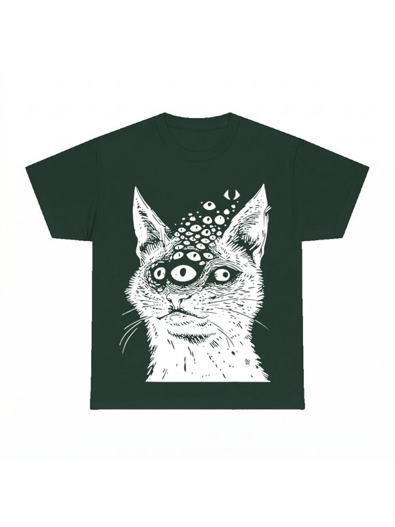 Weirdcore Goth Cat T-Shirt, Grunge Creepy Horror Trippy Graphic Tee, Forest Green, S