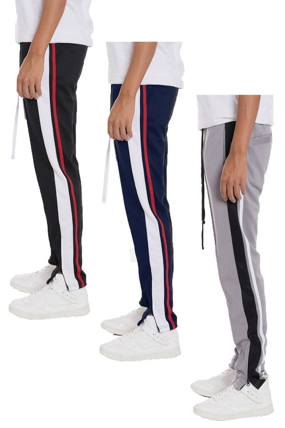 Mens 3 PACK Tricot Sweat Pants Front Pleat Straight Regular Fit Ankle Zipper Loungewear