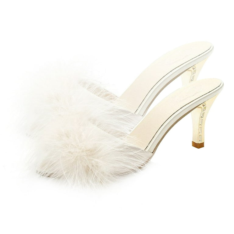 White fur fashion mules