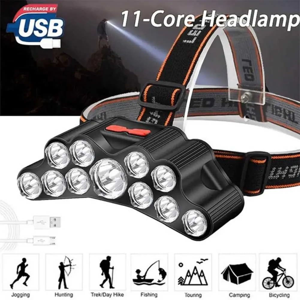 (Weiyi-EC)-- 11 LED USB Rechargeable Flashlight With Builtin 18650 Battery Strong Light Camping Adventure Fishing Head Light Headlamp **--（ 7lfdw）
