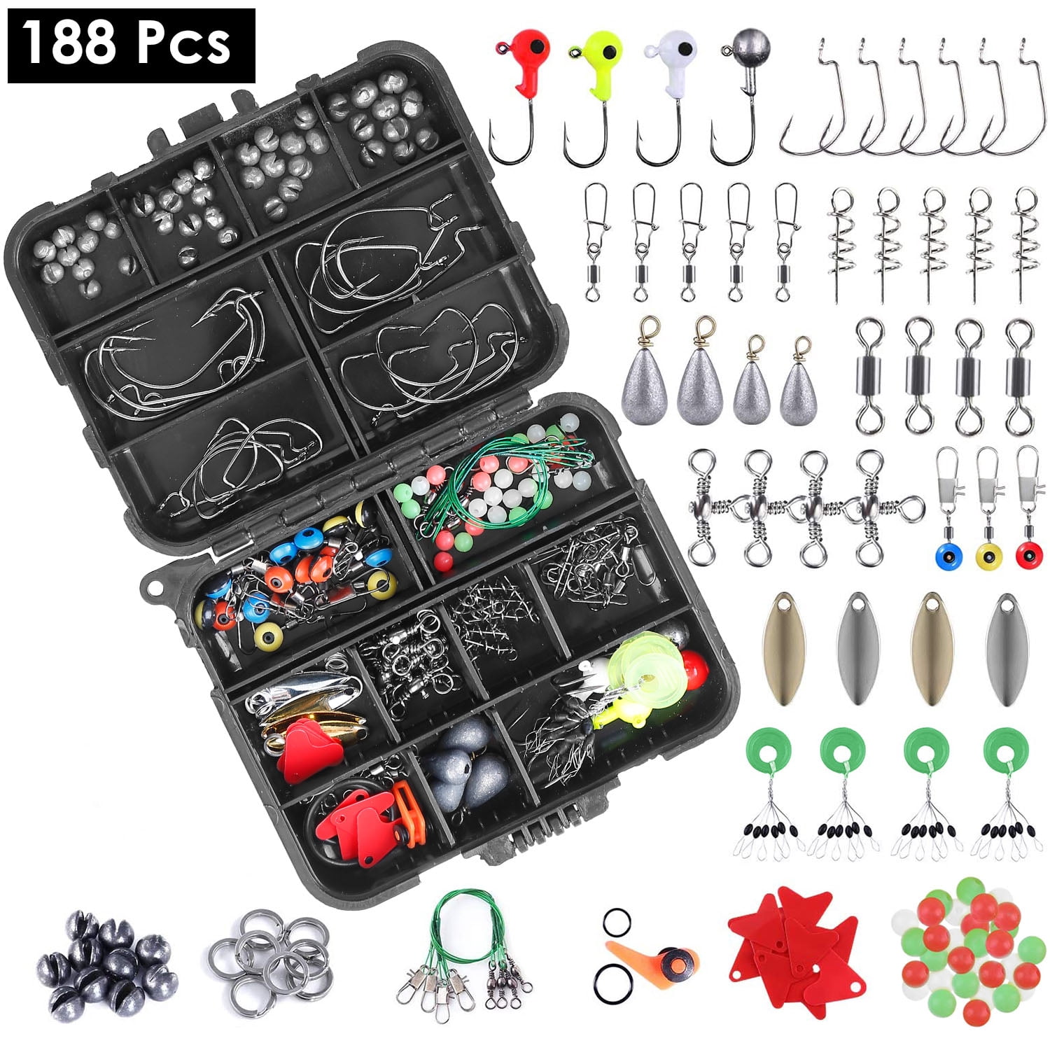 (Weiyi-EC)-- 188Pcs Fishing Accessory Kit Portable Fishing Set Including Jig Hooks Sinker Weights Spoon Lure Removable Split Shot With Tackle Box For Fathers Day Gift **--（ 6lop';k）