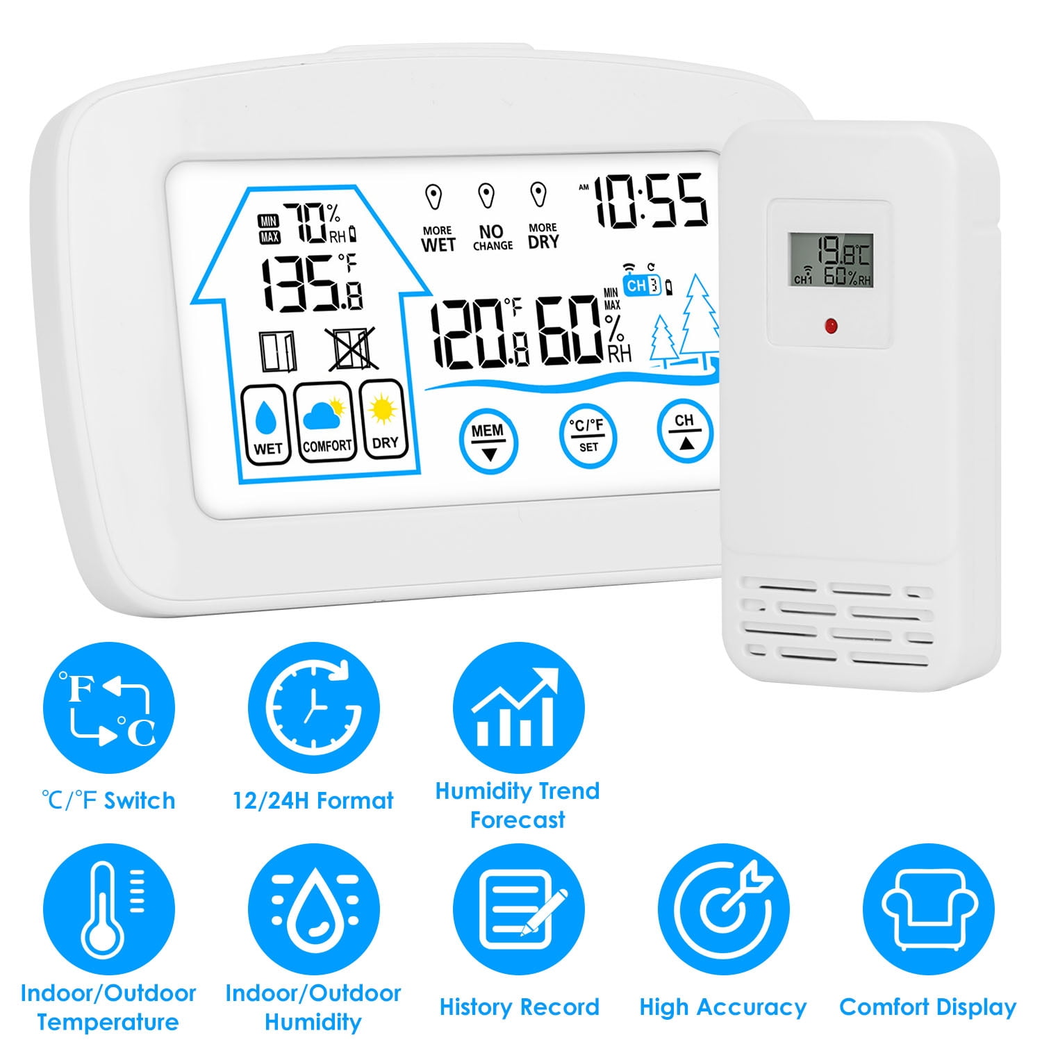 (Weiyi-EC)-- 1Pc Wireless Weather Station With Clock 196FT Range Indoor Outdoor Thermometer Sensor Temperature And Humidity Monitor Humidity Forecast Battery Powered Backlight Display **--（ 8lp'g）