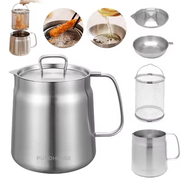 (Weiyi-EC)-- 2L Stainless Steel Oil Filter Pot, With Fine Mesh Filter, Oil Storage Tank, Frying Basket **--（ hj';[';）