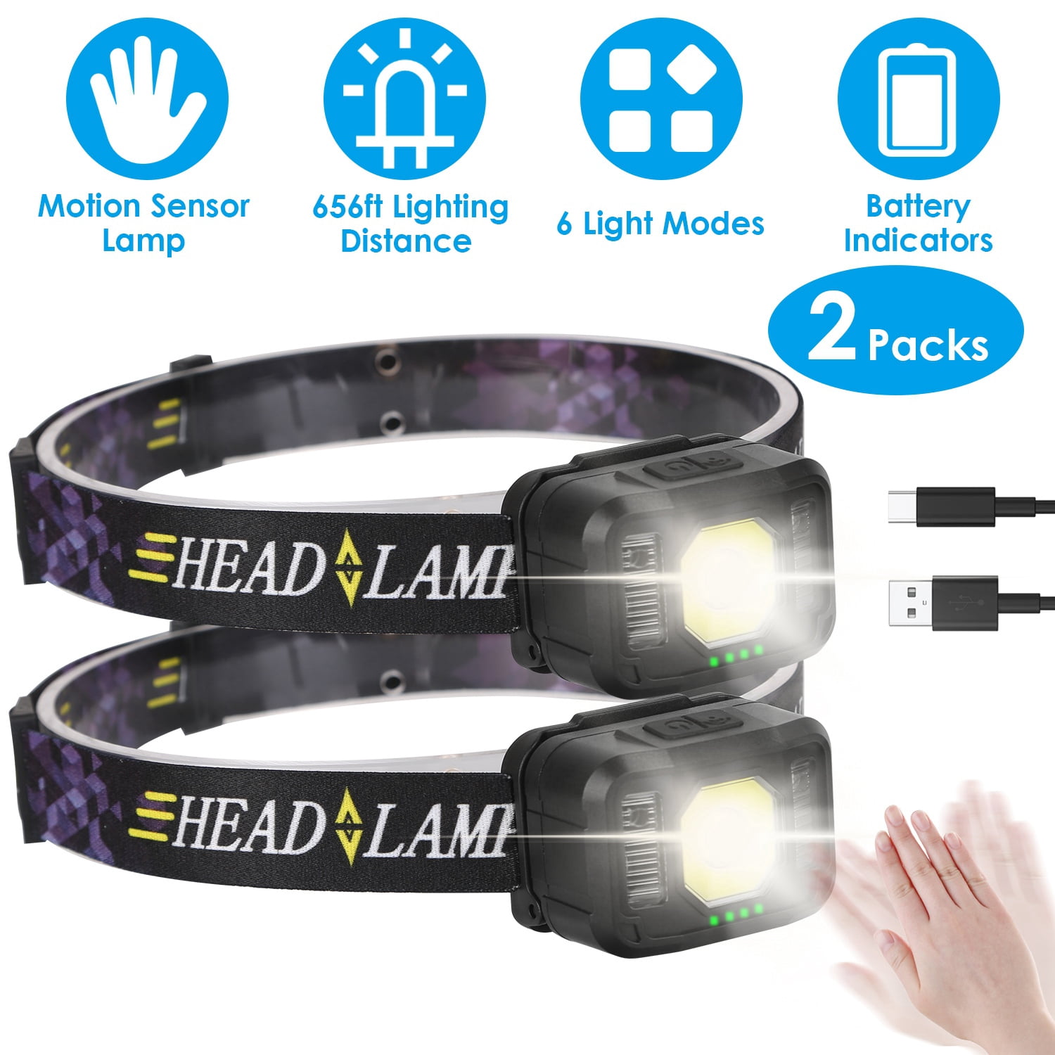 (Weiyi-EC)--2Packs Rechargeable Motion Sensor Headlamp 6 Light Modes COB XPG Headlight Torch Flashlight For Fishing Running Camping Hiking.--(pfgm)